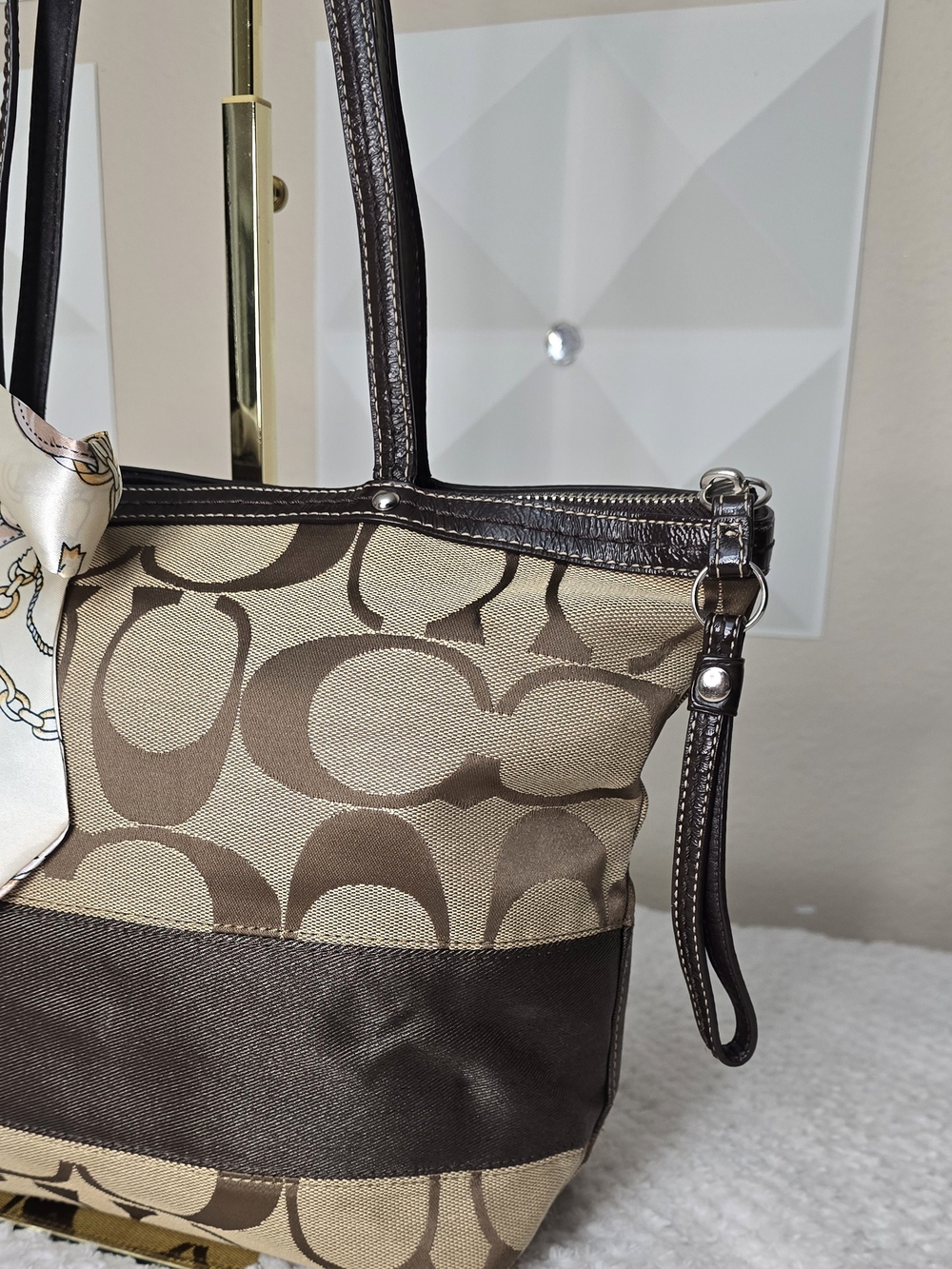 Coach Signature Stripe Canvas Tote Bag Brown Khaki Leather Trim Zip Top - Picture 4 of 11